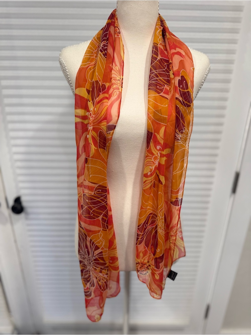 100% silk Cejon Orange & Pink Floral Sheer Wrap 52”x14” 1151